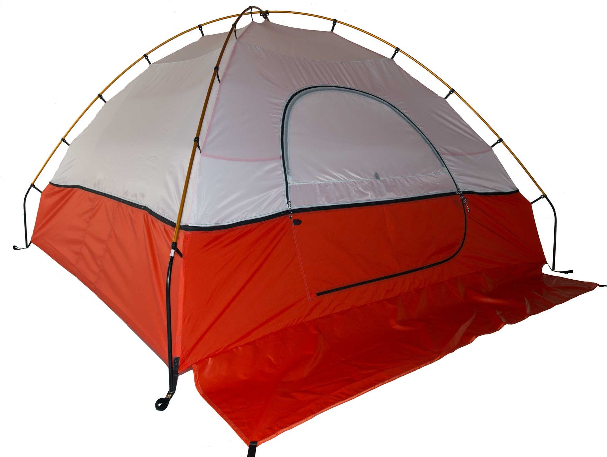 Mons Peak IX dome camping tent set up with light gray rainfly, orange bathtub floor, large mesh door and vestibule, yellow fiberglass poles, black guy lines, and extended orange groundsheet