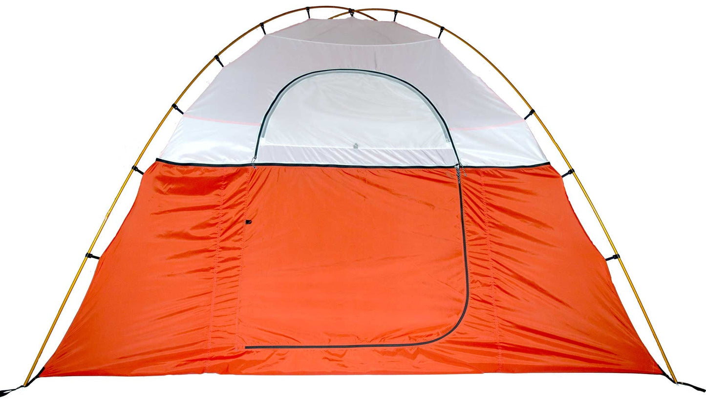 Mons Peak IX 3-season dome tent in gray and orange: spacious front vestibule with mesh window, orange floor, yellow arched pole structure, and full rainfly coverage