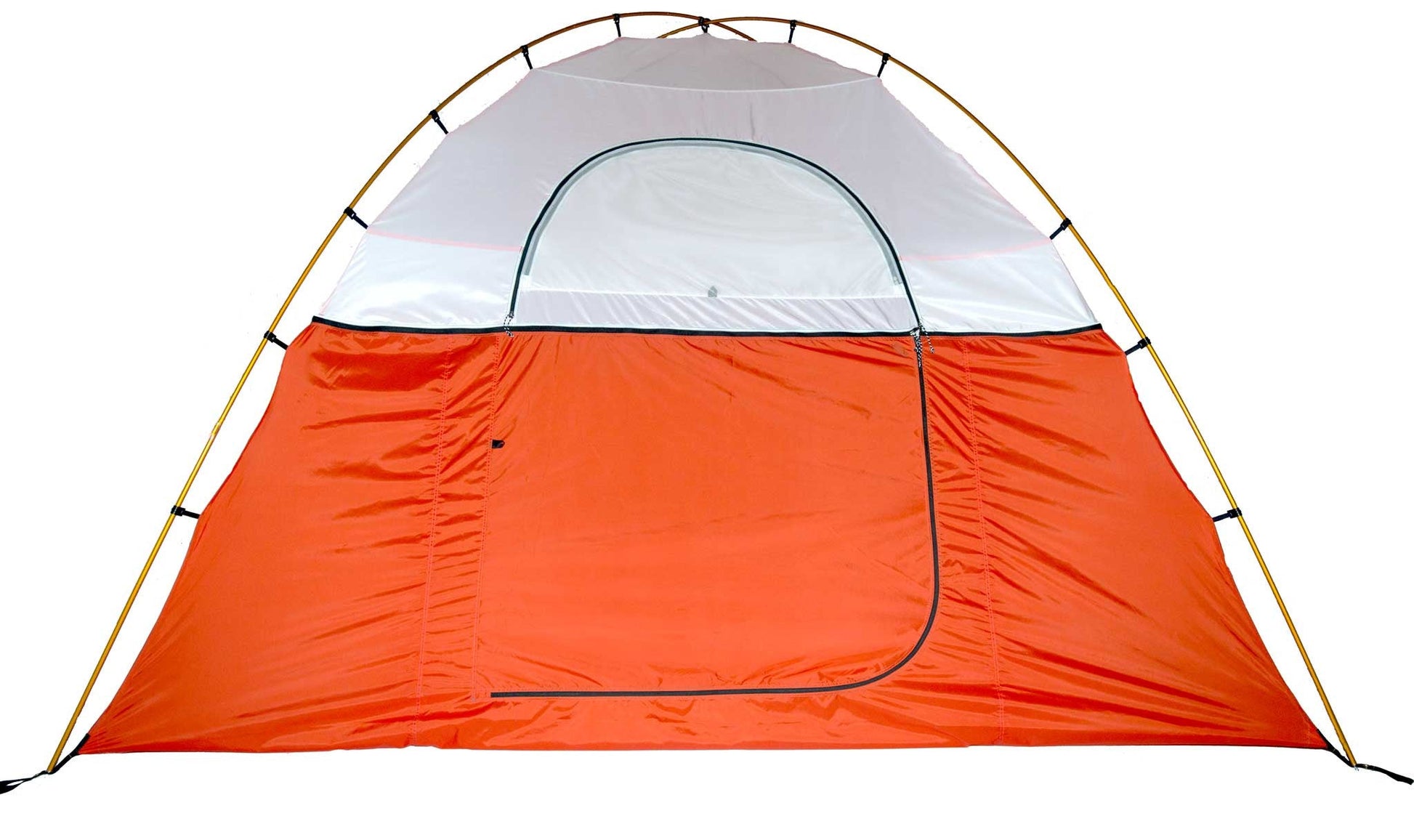 Mons Peak IX 3-season dome tent in gray and orange: spacious front vestibule with mesh window, orange floor, yellow arched pole structure, and full rainfly coverage