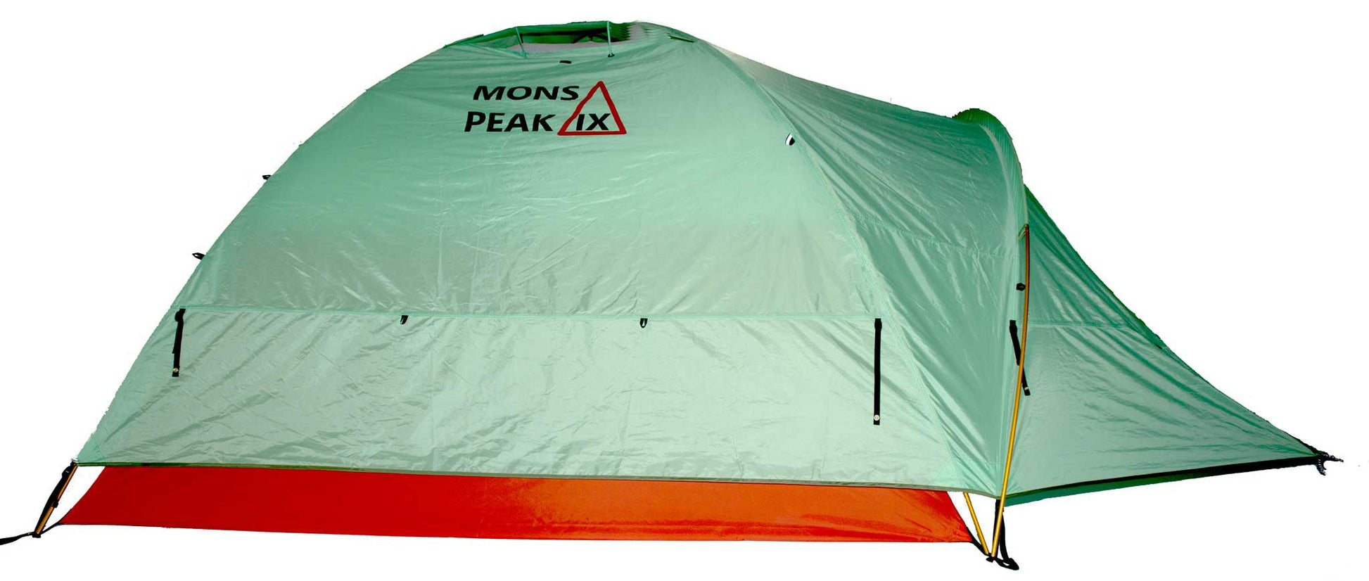 Mons Peak IX green dome camping tent fully pitched with lime-green rainfly featuring Mons Peak IX logo, orange bathtub floor, yellow fiberglass poles, black guy lines, and extended vestibule