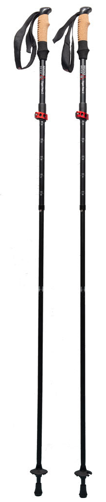 Mons Peak IX Tiger Paw Z carbon fiber trekking poles fully extended with natural cork grips, black shafts, red quick-lock adjustment collars, black wrist straps, and carbide tips with mud/snow baskets